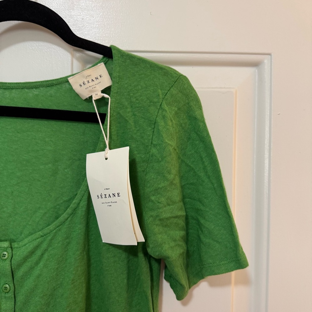 NWT Sezane Milo T-shirt  Verde Green Cotton Linen Size Medium - Picture 4 of 11